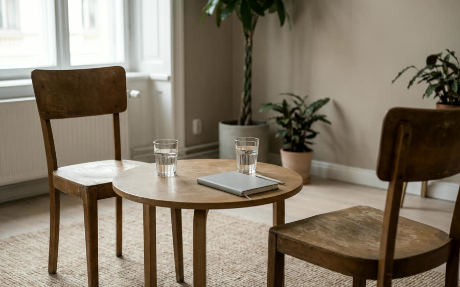Two chairs at a small table