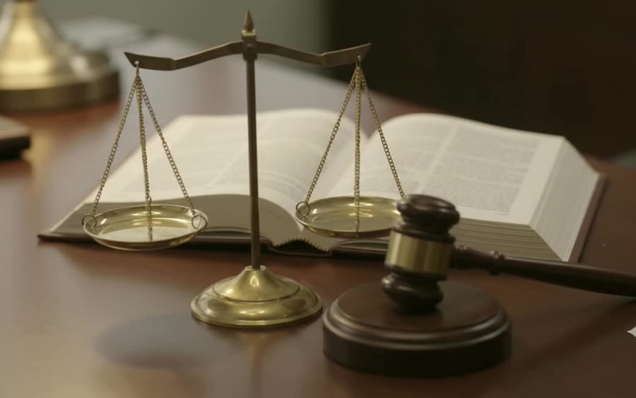 Scales and a gavel on an open book